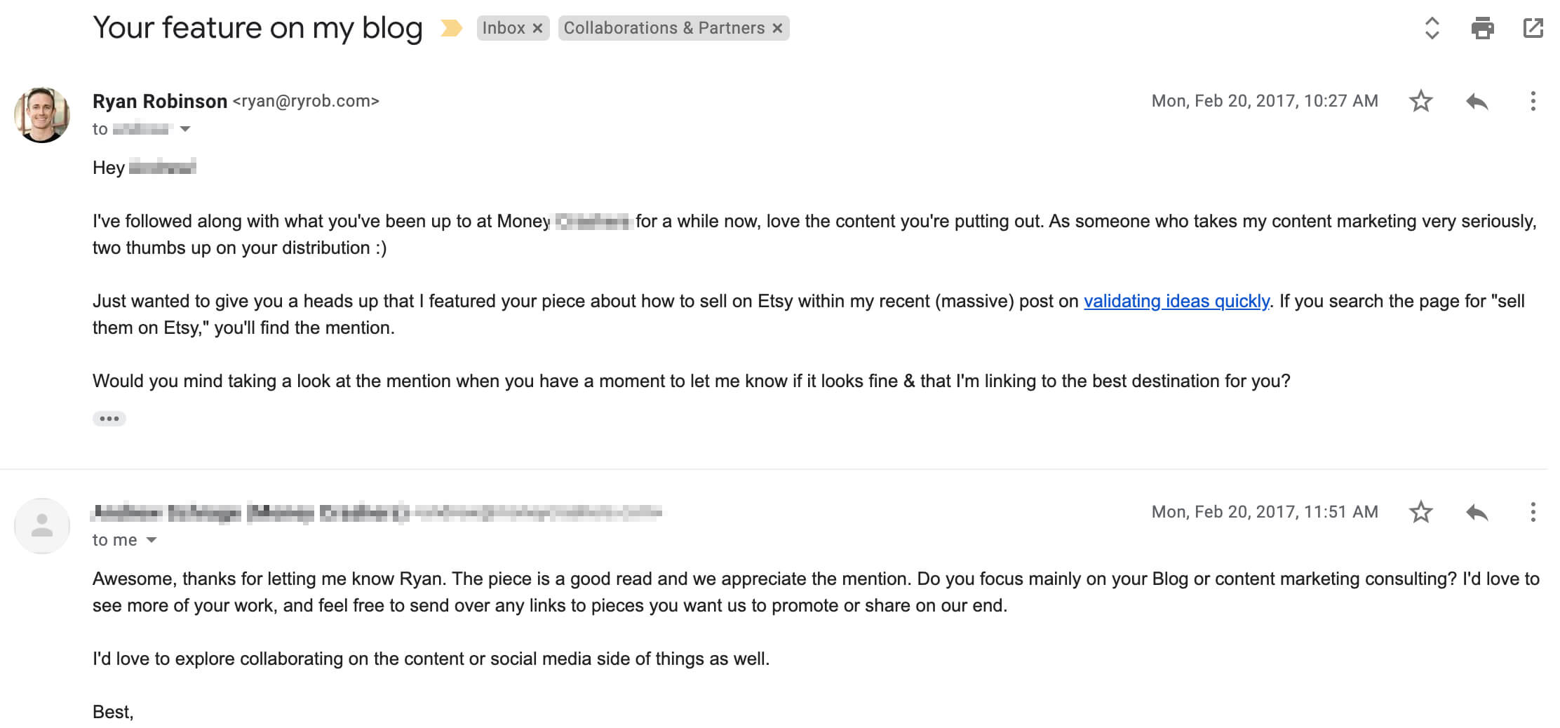 Blog Outreach Email Template Example Screenshot from My Early Days
