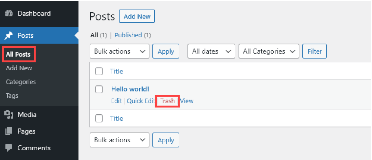 Removing Default Blog Post (Screenshot)