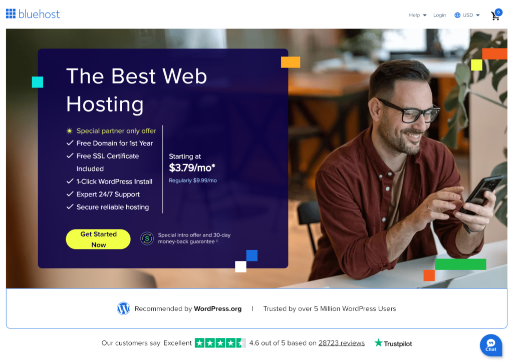 The Bluehost website front page, offering hosting from just $3.79/month