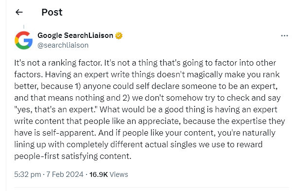 A quote on X/Twitter from Danny Sullivan in 2024, about Google's E-E-A-T