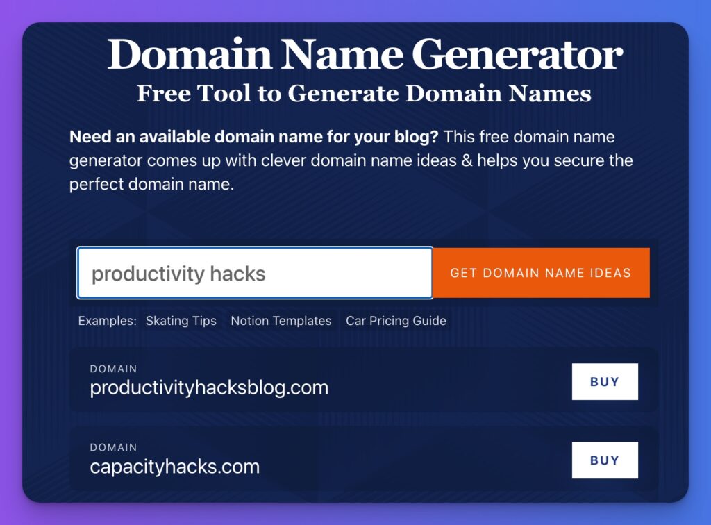 Example of Domain Name Generator Tool in Action (Screen Shot)