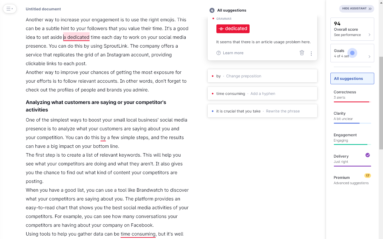 Grammarly AI Content Editor and Suggestion Tool (Screenshot)