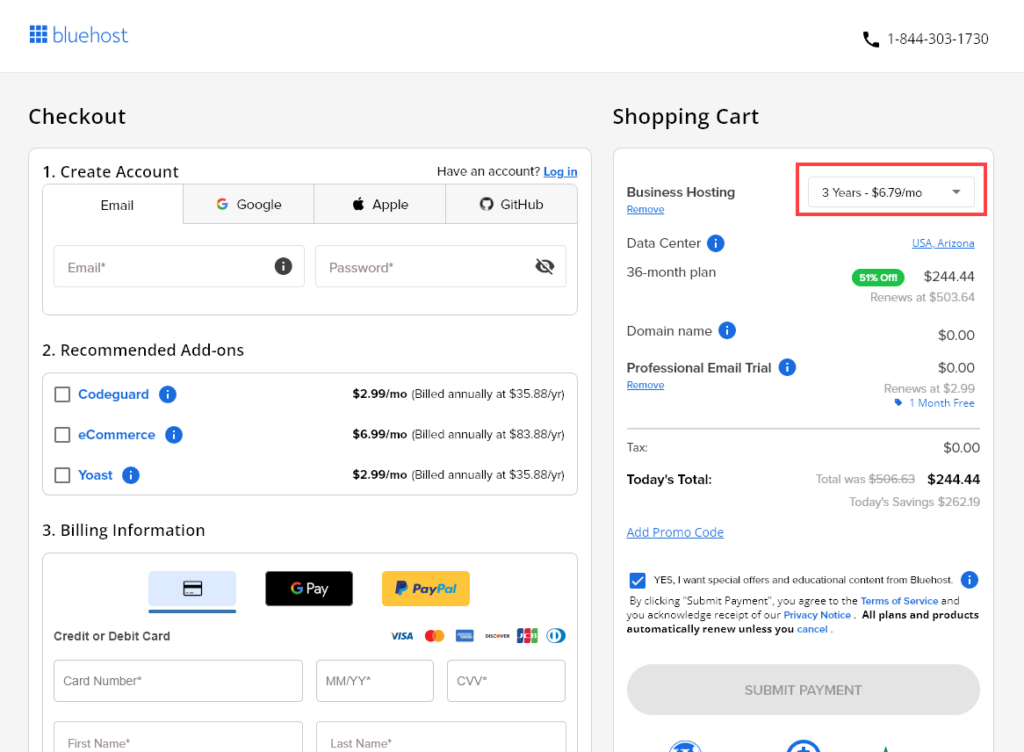 Creating your Bluehost account and choosing the plan term