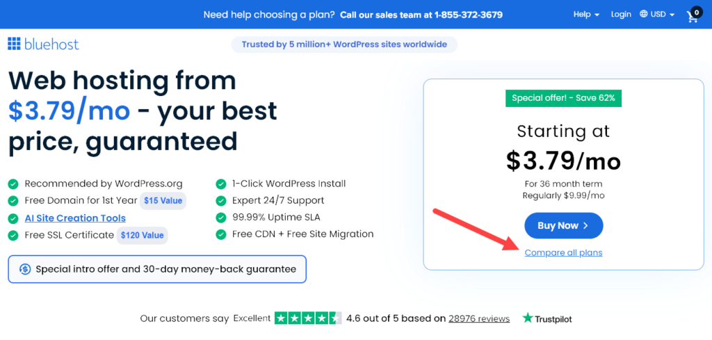 The Bluehost homepage, showing their current offer and the link to view all plans.