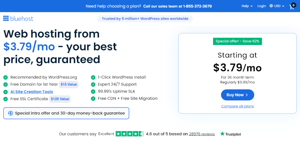 The Bluehost homepage showing their pricing