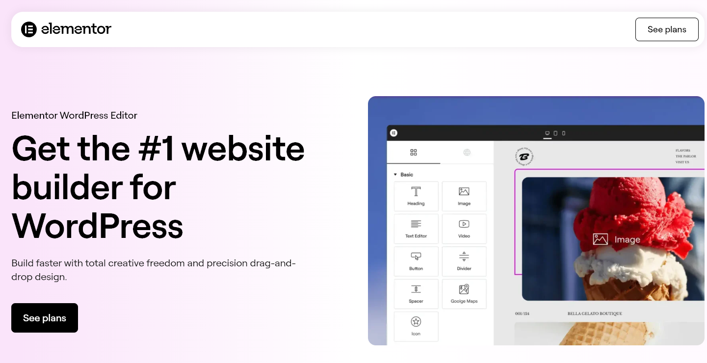 The Elementor WordPress website builder homepage