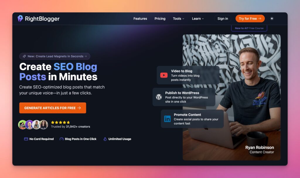 RightBlogger AI Marketing Tools for Content Creators and Marketers Homepage Screen Shot Image