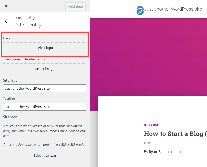 Screenshot showing how to select your logo using the WordPress customizer