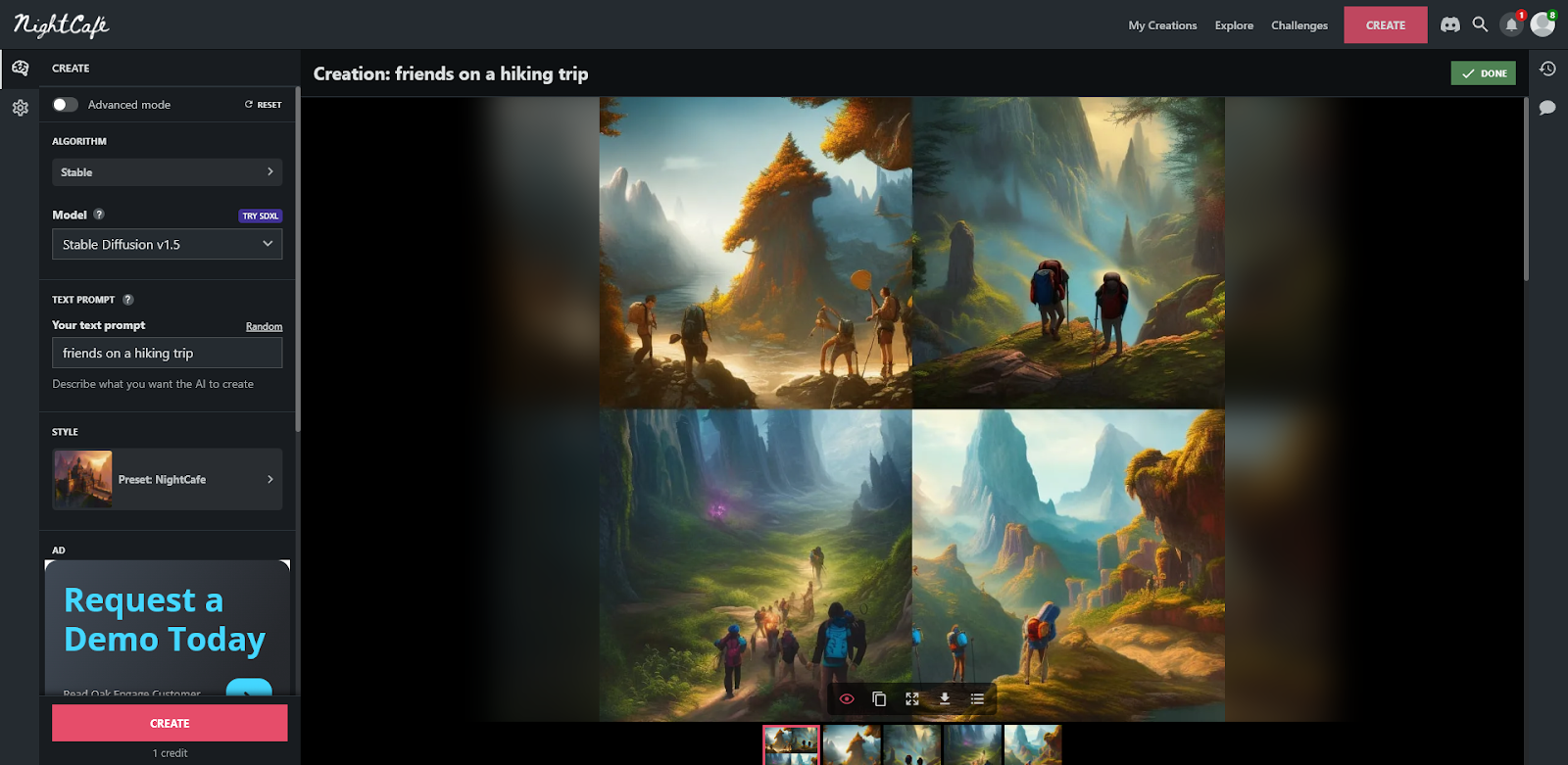 Screenshot of the AI blogging tool NightCafe in action, creating images based on the prompt friends on a hiking trip. Four image options are shown on the screen.