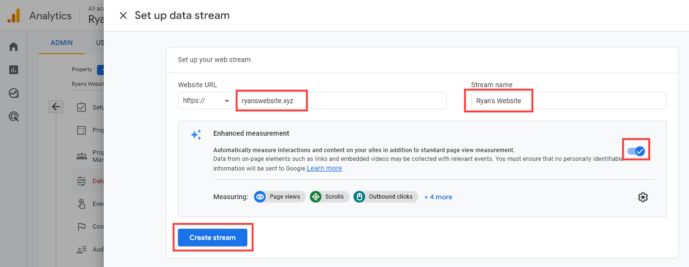 Google Analytics Screen for Setting Up a Data Stream, With a Web Stream Shown