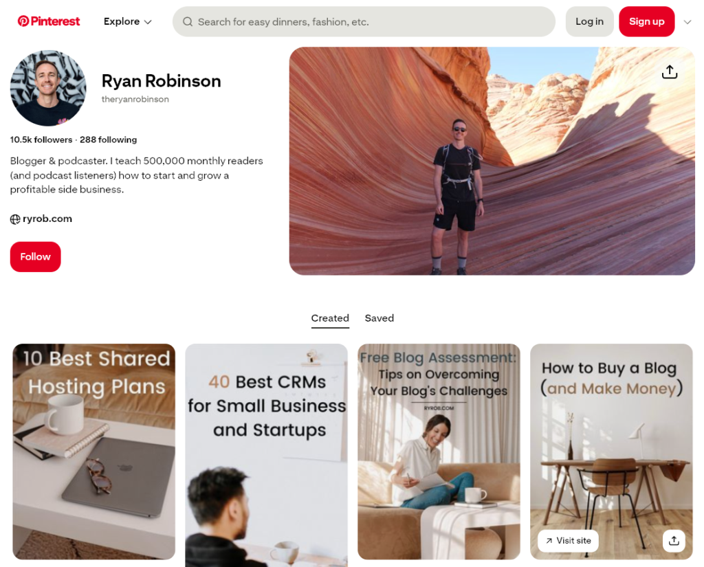 Screenshot of Ryan Robinson's Pinterest account