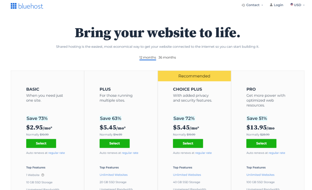 The Bluehost pricing plans: Basic Plus, (I recommend Choice Plus for beginner bloggers)