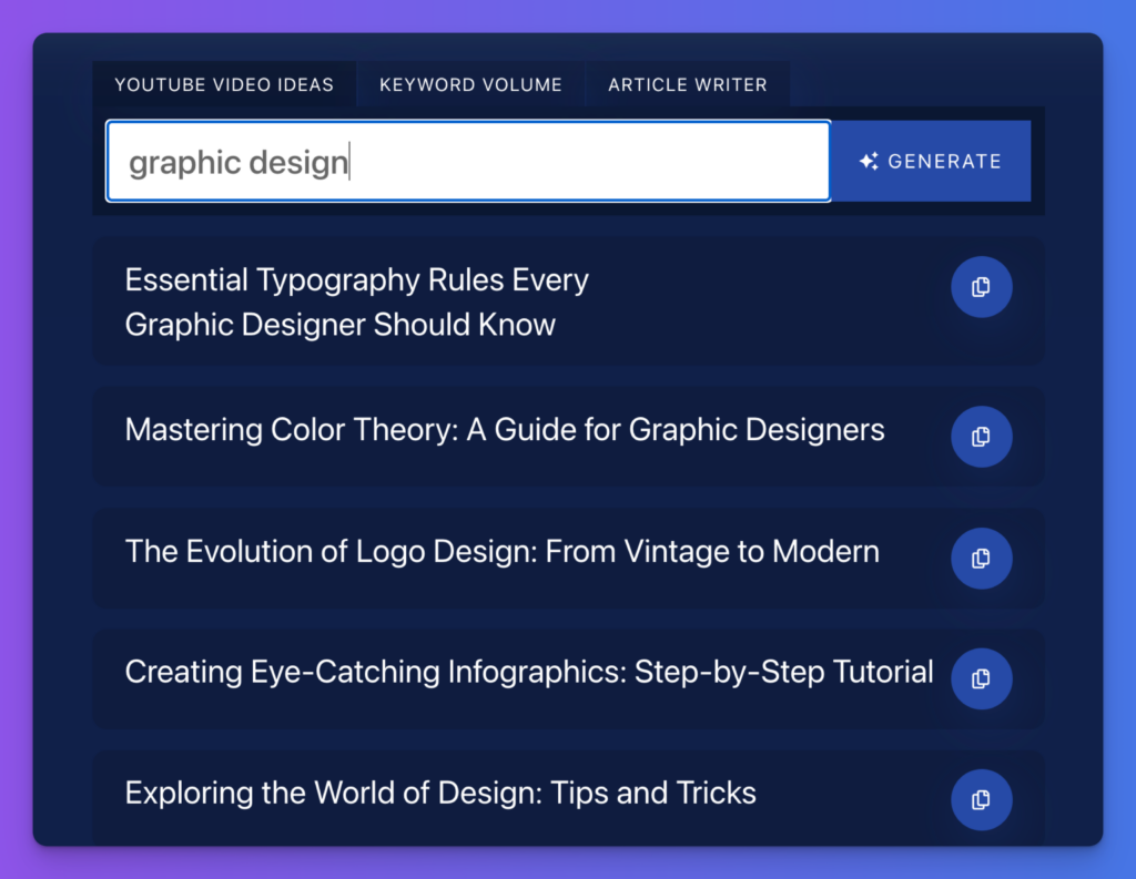 YouTube Idea Generator (Free Tool) Search Result Screen Shot