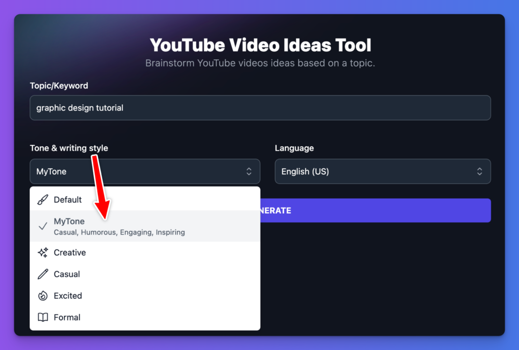 YouTube Video Ideas Tool (Screen Shot) from RightBlogger Tone and Style