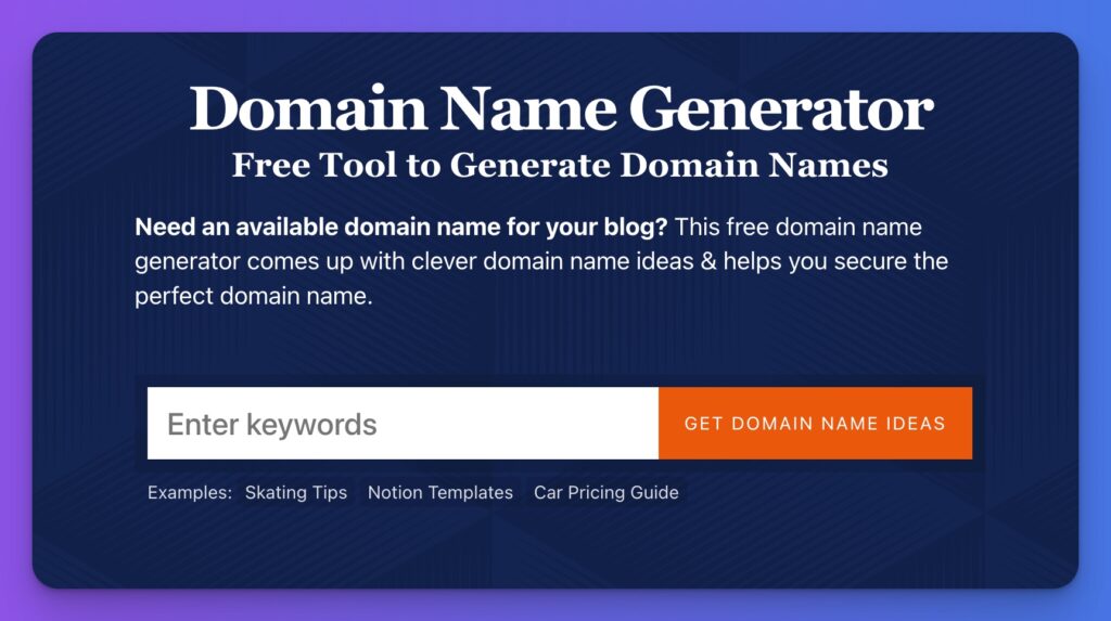 Free Domain Name Generator Tool by Ryan Robinson (Screen Shot)