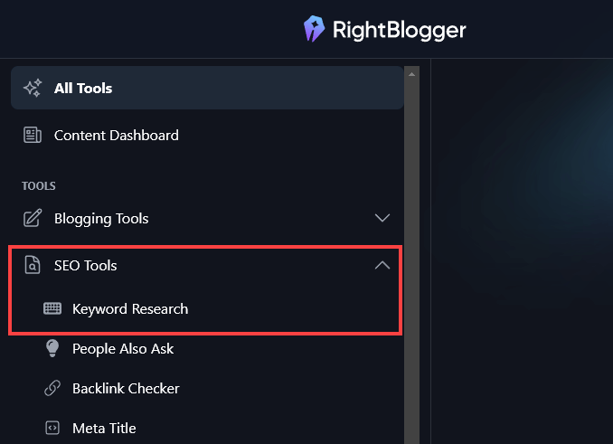 Screenshot of the RightBlogger tools navigation menu, with SEO Tools--> Keyword Research indicated in a red rectangle