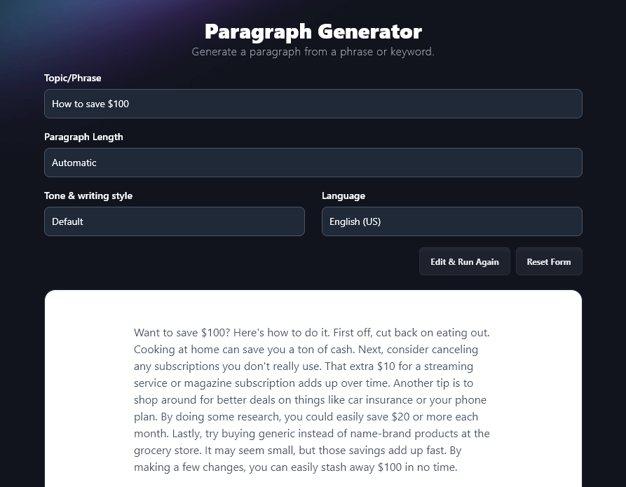 Screenshot of the RightBlogger Pararaph Generator, with the topic/phrase 'how to save $100' entered