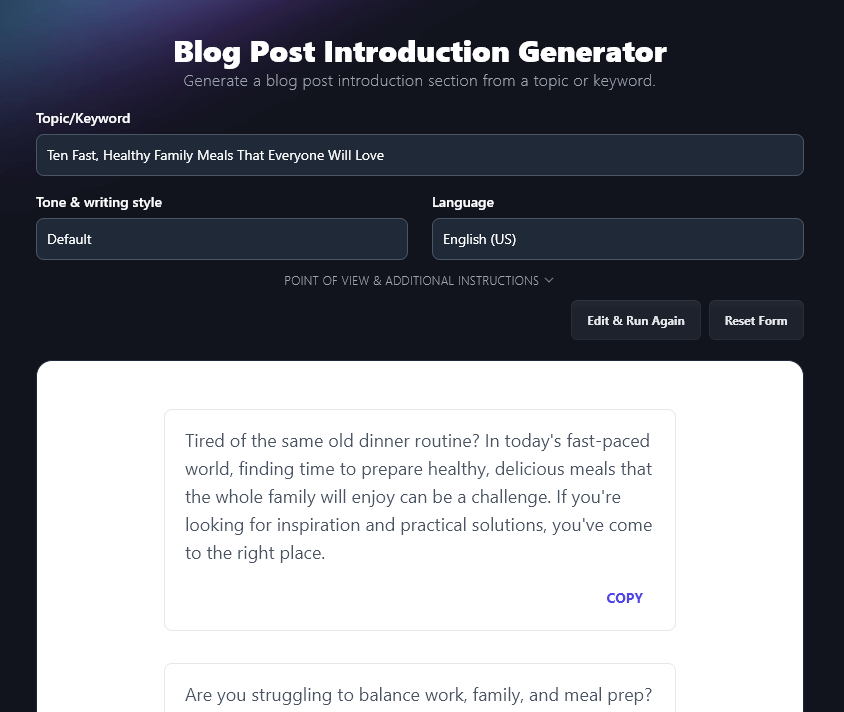 Screenshot of the RightBlogger Blog Post Introduction Generator tool, with AI-written introductions for the topic/keyword 'Ten Fast, Healthy Family Meals That Everyone Will Love'