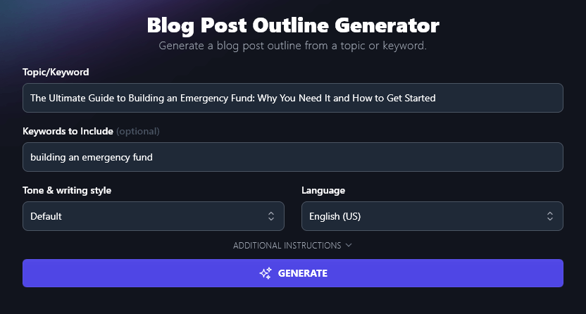 Screenshot of the RightBlogger blog post outline generator tool with the title 'The Ultimate Guide to Building an Emergency Fund: Why You Need it and How to Get Started' and the keyword 'building an emergency fund' entered