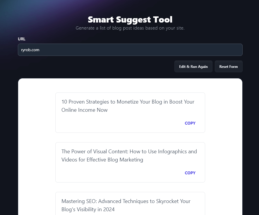 Screenshot of the RightBlogger Smart Suggest tool with results for the website ryrob.com