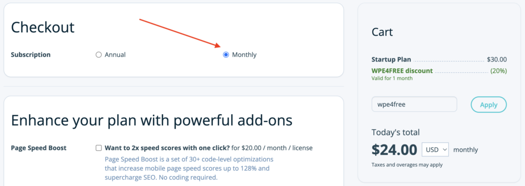 WP Engine Screenshot of Selecting Monthly Hosting Plan Option for Starting Up