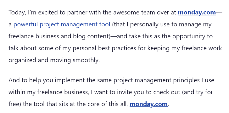 Excerpt from a sponsored blog post on RyRob.com. The text of the excerpt reads: Today, I’m excited to partner with the awesome team over at monday.com—a powerful project management tool (that I personally use to manage my freelance business and blog content)—and take this as the opportunity to talk about some of my personal best practices for keeping my freelance work organized and moving smoothly.
And to help you implement the same project management principles I use within my freelance business, I want to invite you to check out (and try for free) the tool that sits at the core of this all, monday.com.