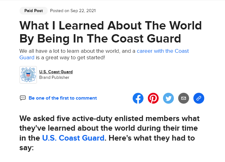 Screenshot of a sponsored blog post on Buzzfeed. Immediately above the post title is a Paid Post tag and the U.S. Coast Guard is listed as a brand publisher.