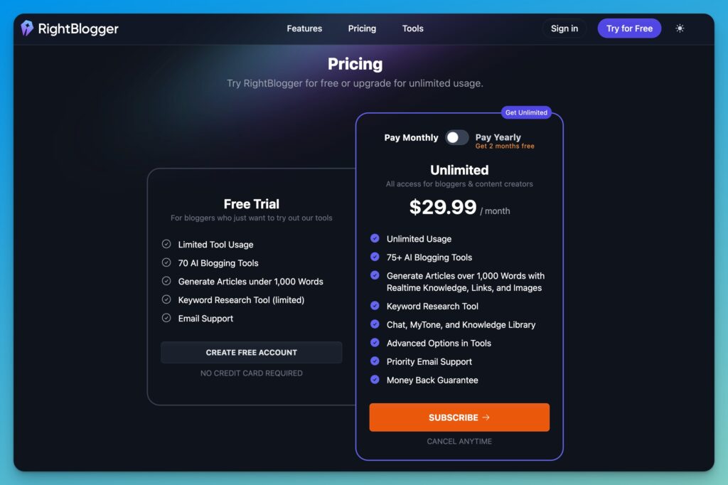 RightBlogger Pricing Options