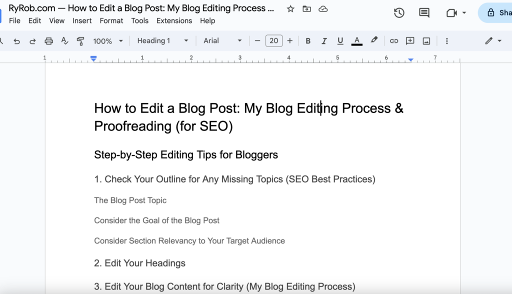 How to Edit a Blog Post (Blog Editing Guide) Screen Shot of Google Doc