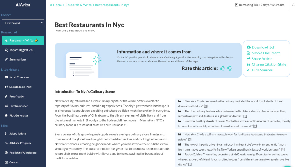 AI writing tool AIWriter in action, showing the sources for each paragraph of the blog post
