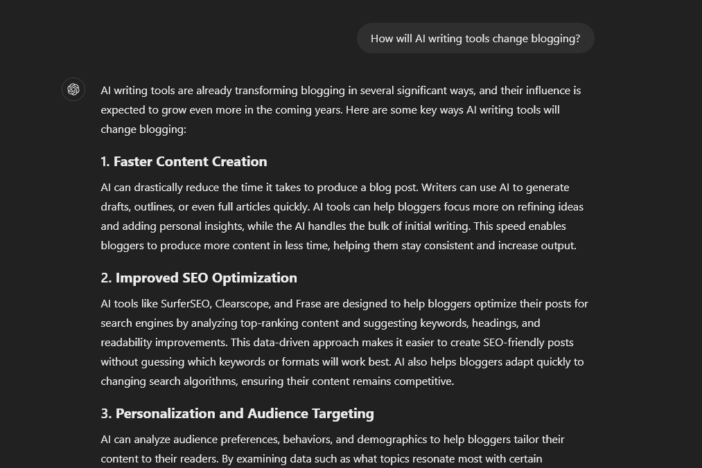 ChatGPT, answering the question of how AI writing tools will change blogging