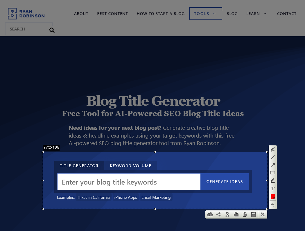 Lightshot Chrome extension screenshot, showing the process of taking a screenshot of the blog title generator tool (but not the text above the tool) using Lightshot