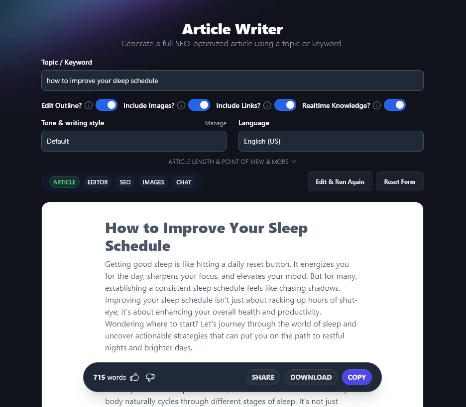 The start of a short article produced by the Article Writer from RightBlogger