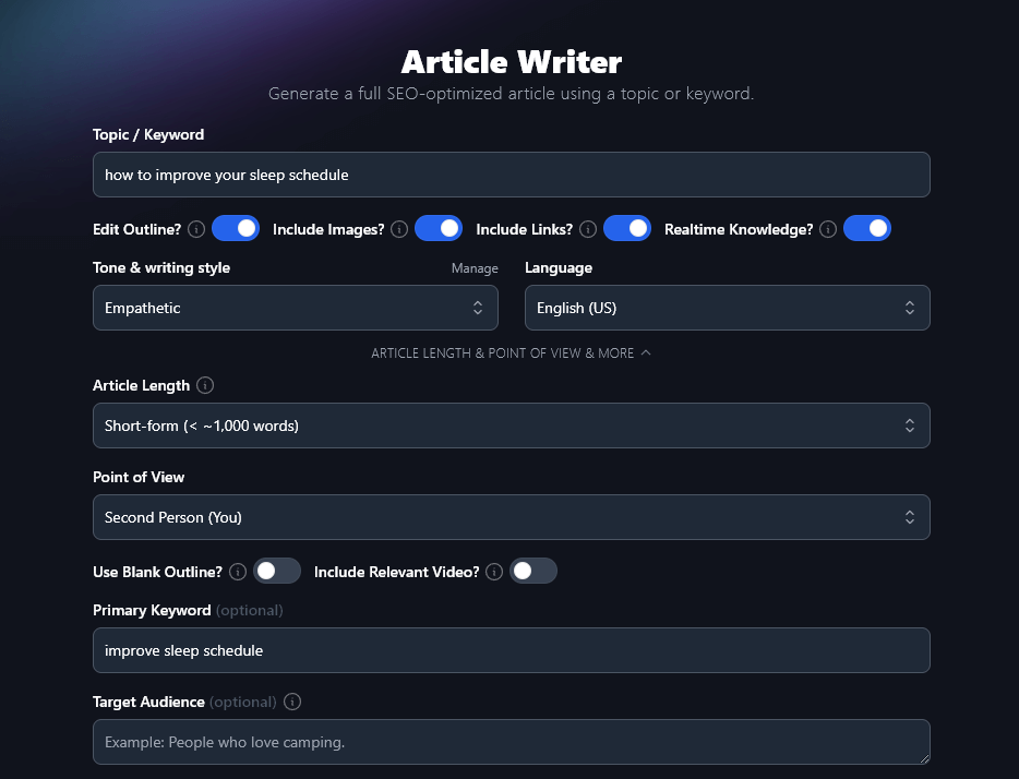 Article Writer tool from RightBlogger, showing various options for creating an article on how to improve your sleep schedule