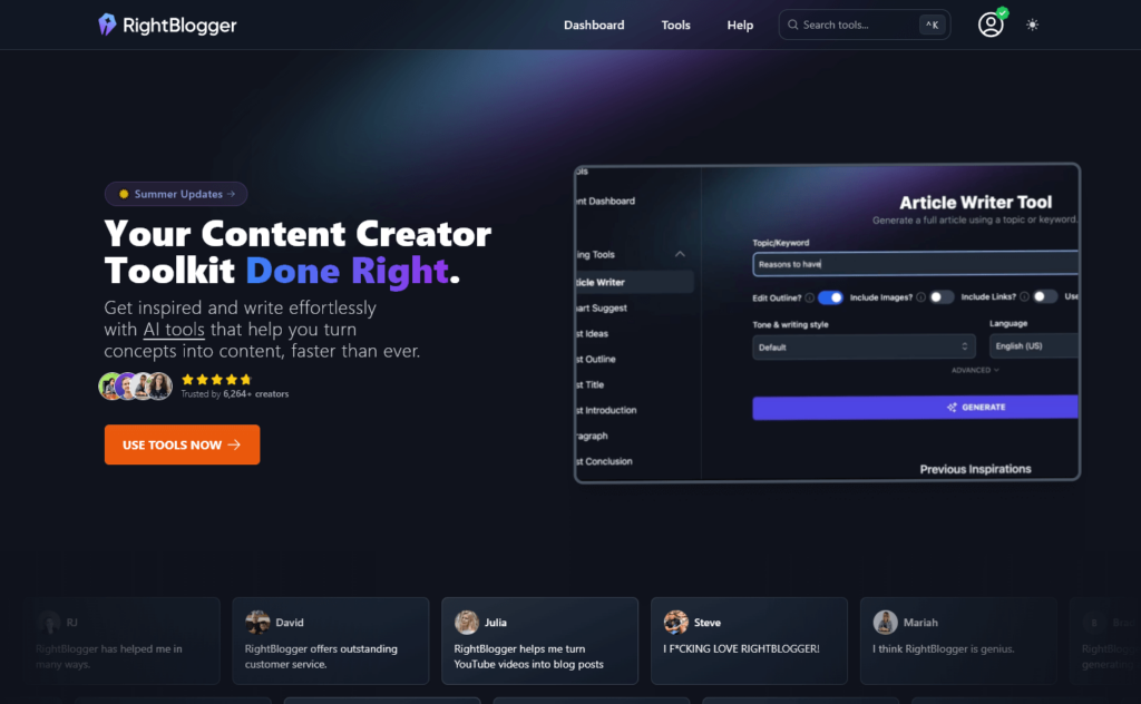 AI Writing Tool RightBlogger's homepage