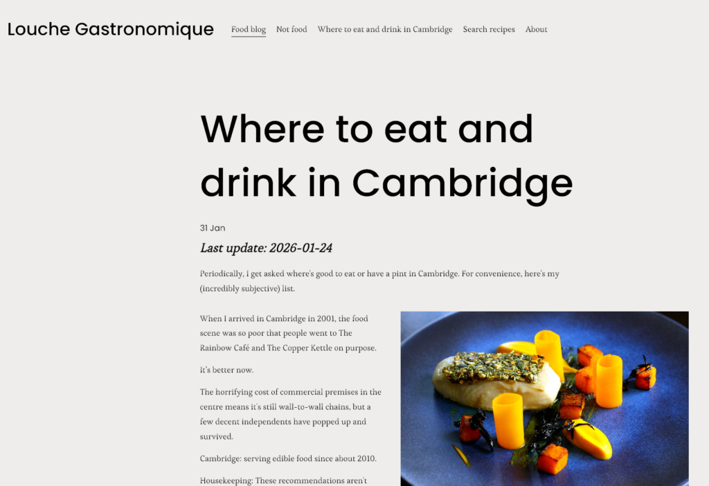 Screenshot of a Where to eat and drink in Cambridge (an example of a Where To blog post)