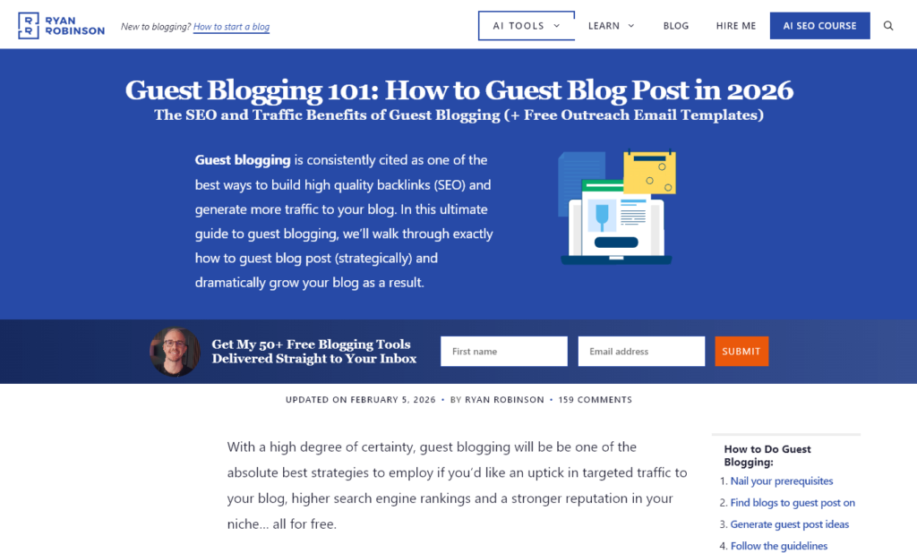 Screenshot of a blog post example from RyRob.com (Guest Blogging 101: How to Guest Blog in 2026)