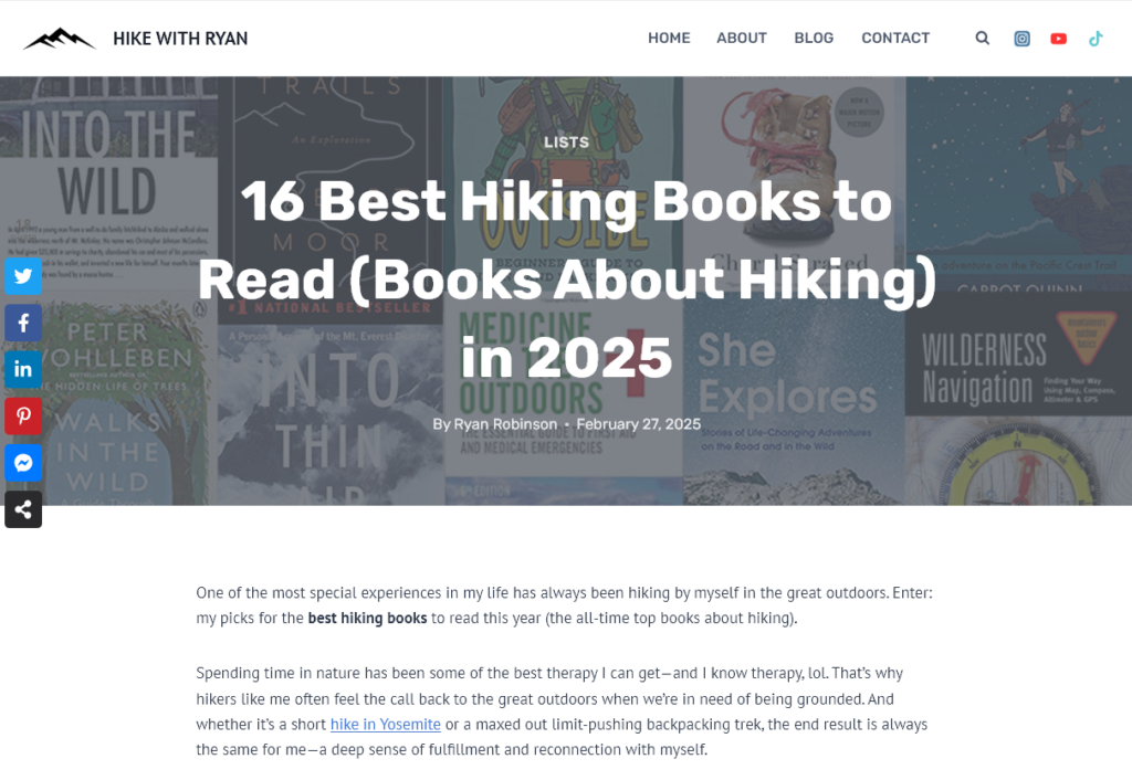 X Best post example with a list of hiking books, compiled by Ryan