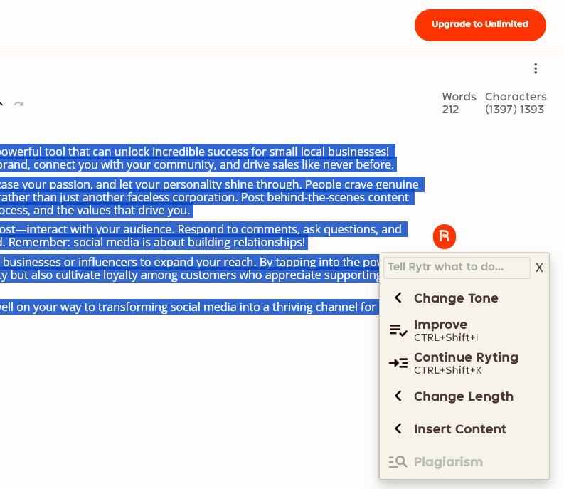 The Rytr options to change tone, improve content, and more