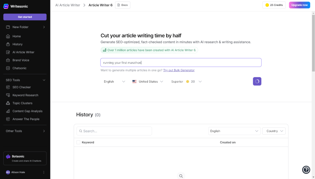 AI writing tool Writesonic's article writer
