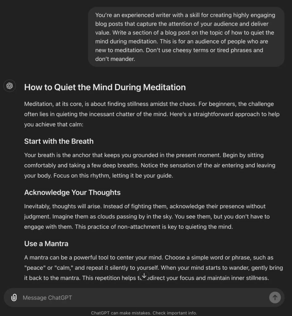 AI Prompt for Writing Article Sections (Screen Shot of ChatGPT)