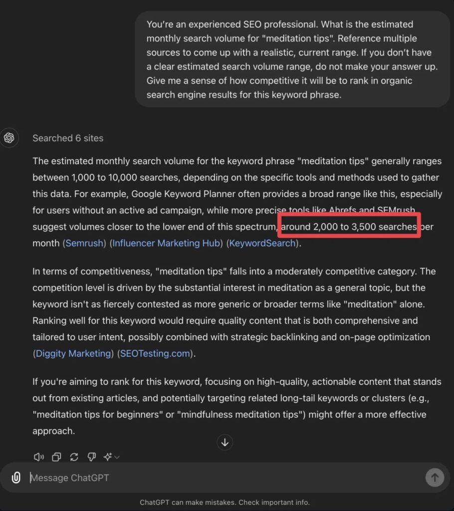 ChatGPT Prompt for Keyword Research (Screen Shot)