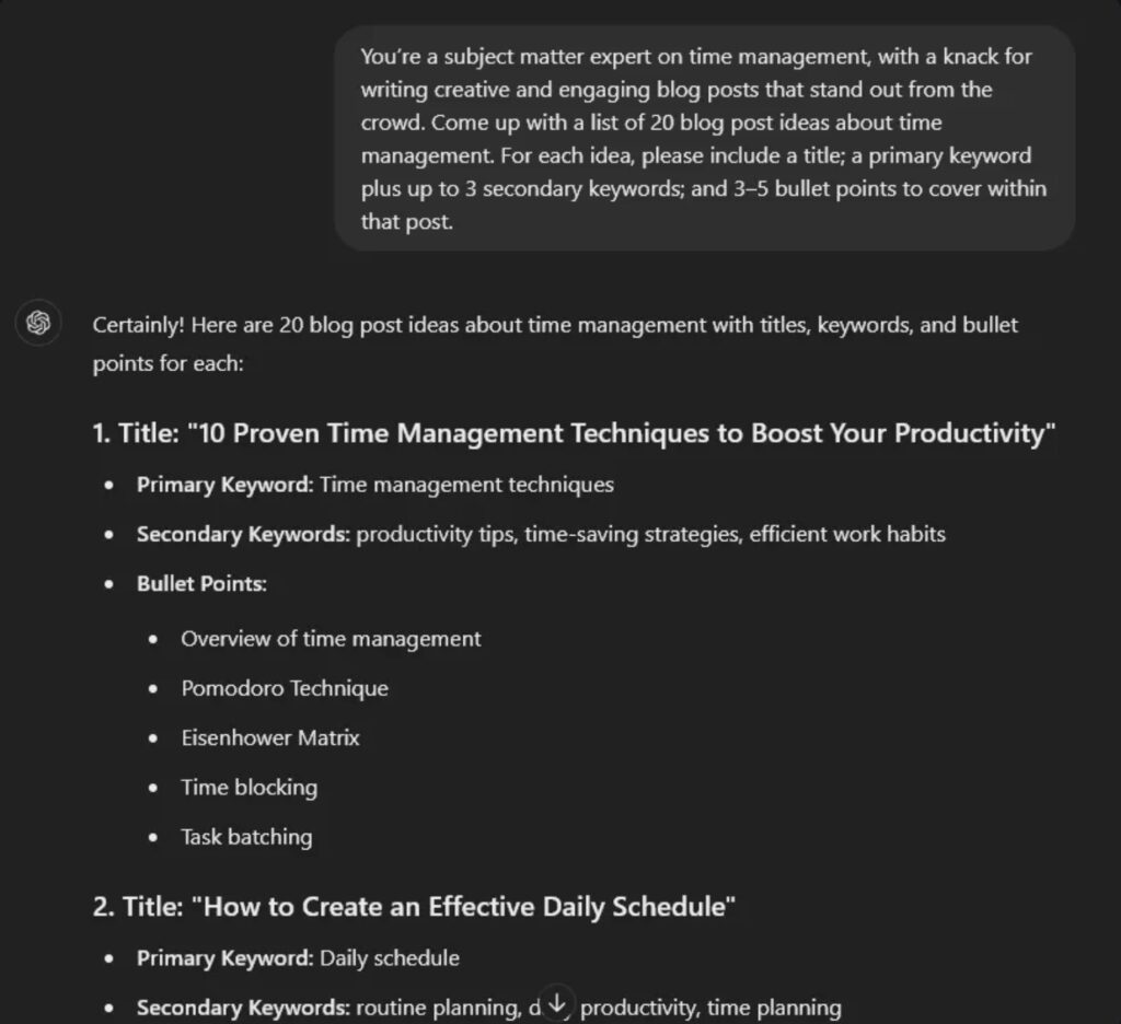 ChatGPT Prompt for New Article Ideas (Screen Shot)