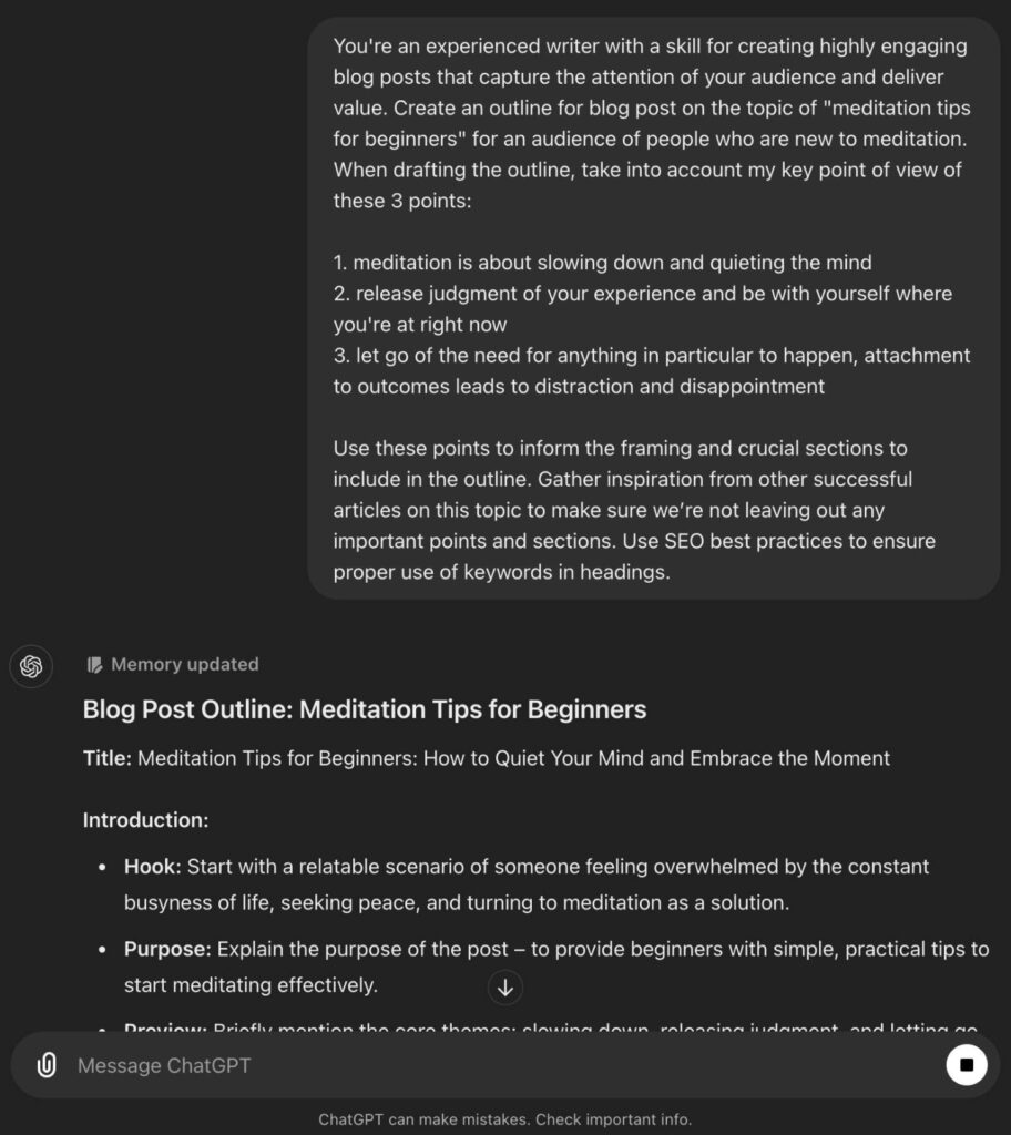 ChatGPT Prompt for Writing Article Outlines (Screen Shot)