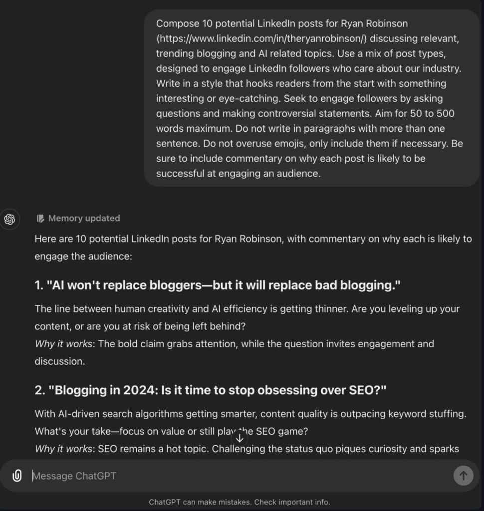 ChatGPT Prompt for Writing LinkedIn Posts (Screen Shot)