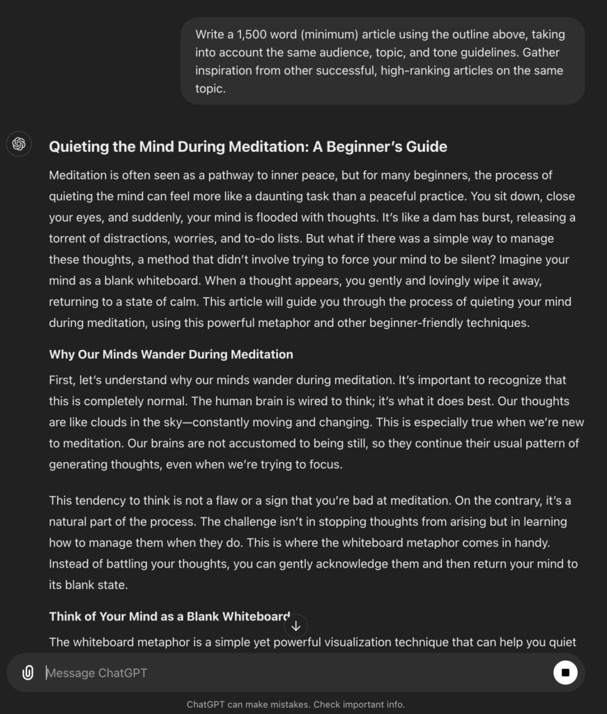 ChatGPT Prompt for Writing an Article Using AI (Screen Shot)
