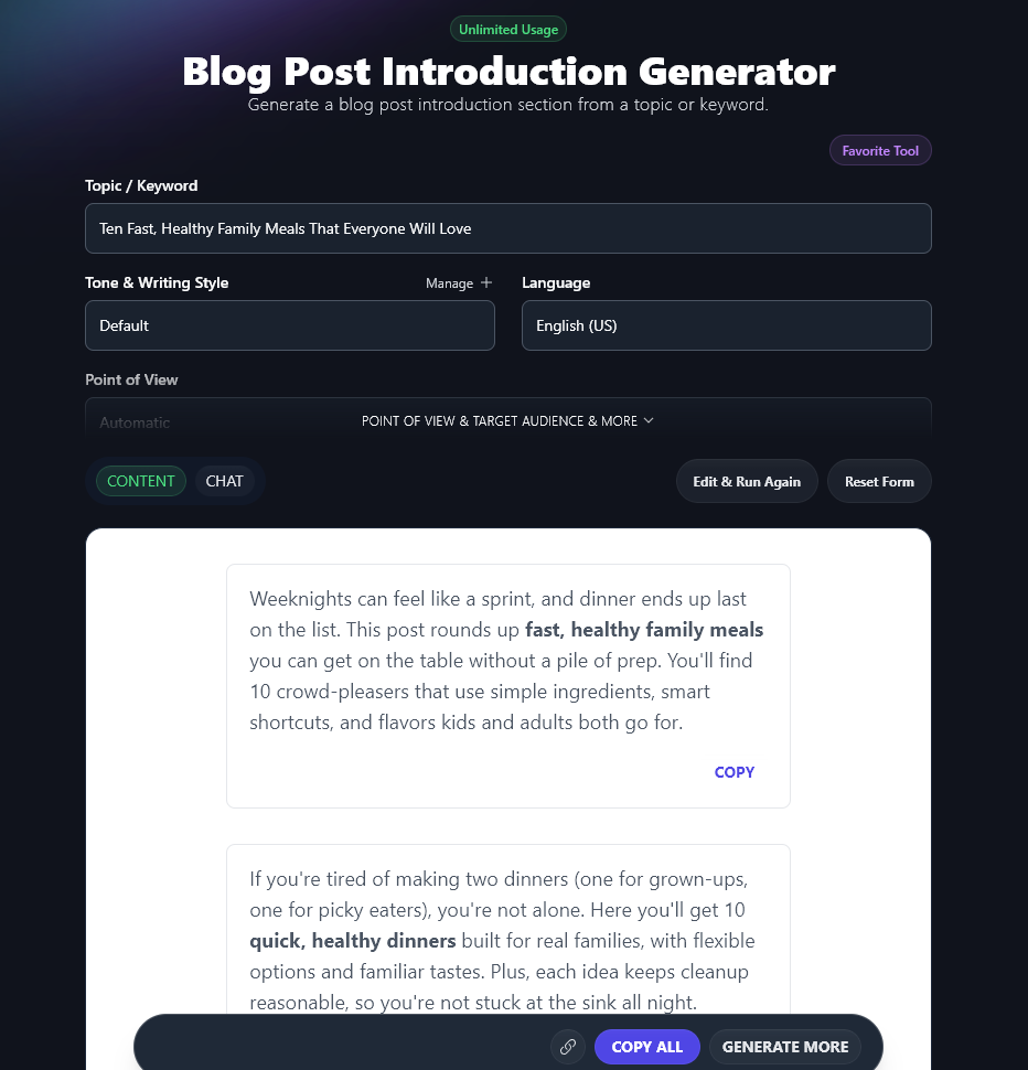 Using the Blog Post Introduction Generator to start writing your blog post with AI