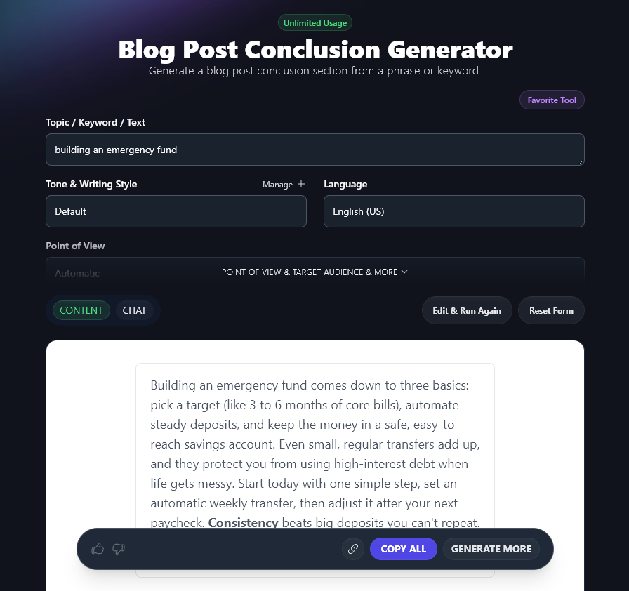 The Blog Post Conclusion Generator in RightBlogger, creating a conclusion for a post about building an emergency fund.