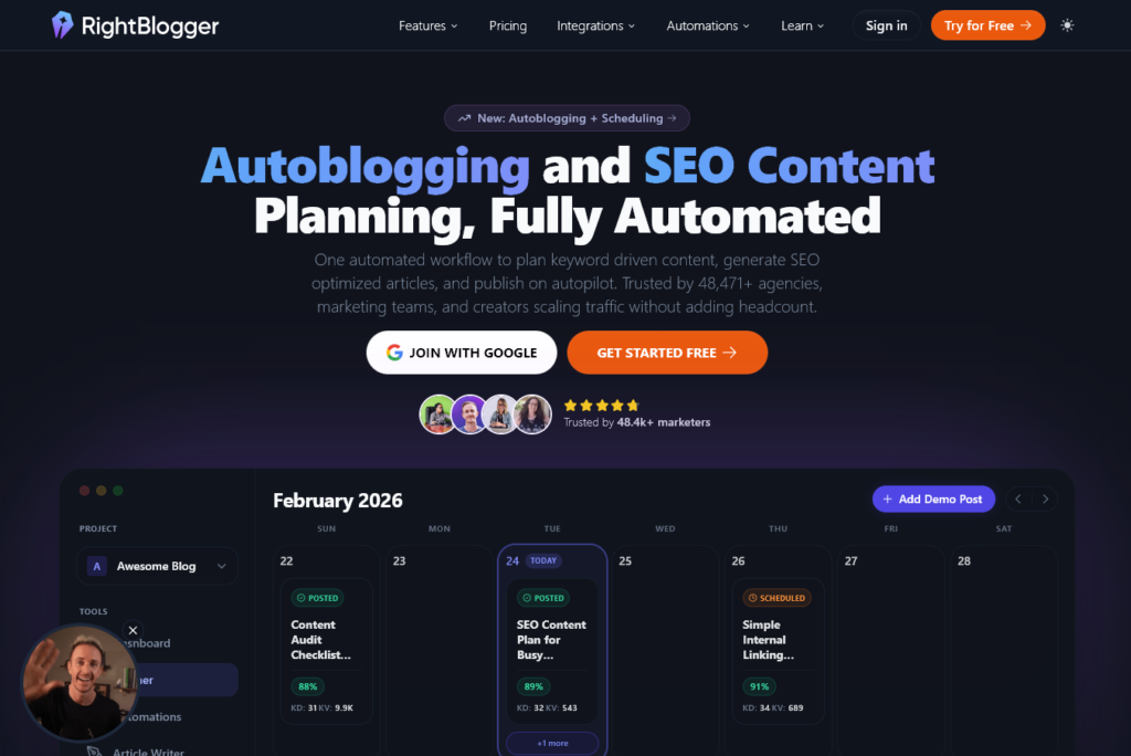 The homepage of RightBlogger's website