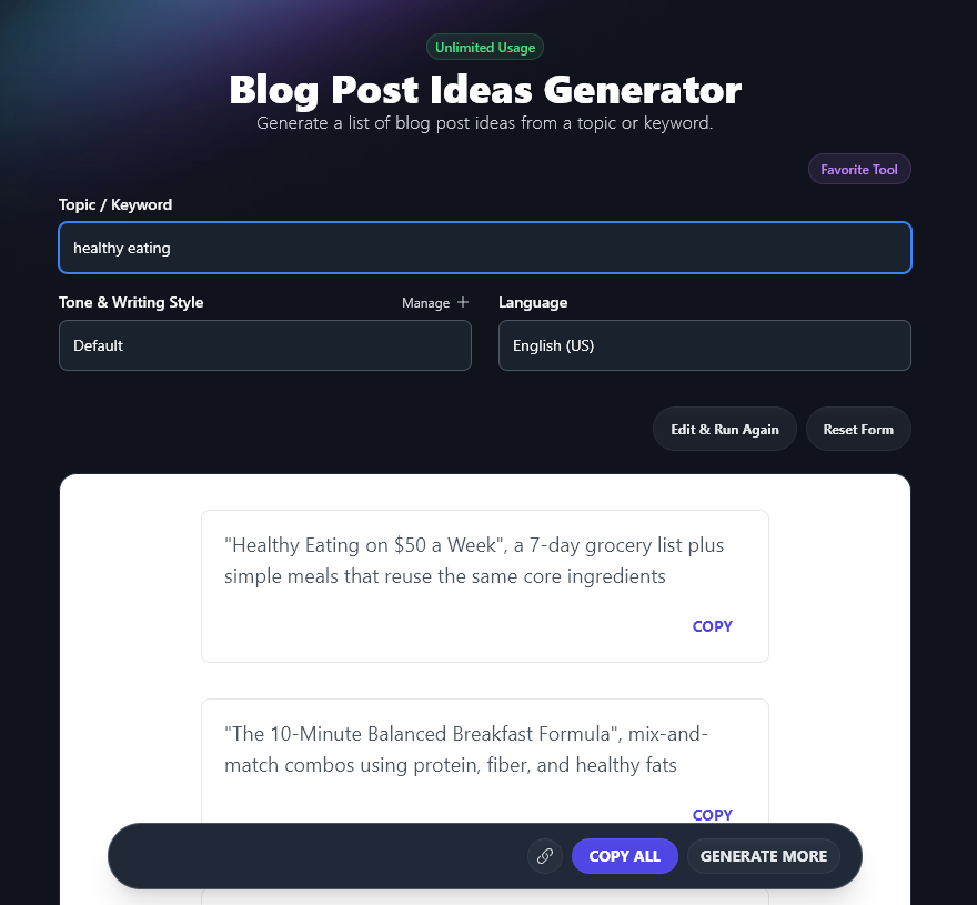 A list of blog post ideas produced by the AI ideas generator in RightBlogger
